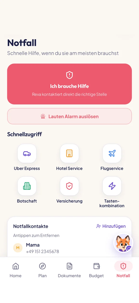 Reva-App: Notfallseite mit Button Ich brauche Hilfe, lautem Alarm, Schnellzugriff und Notfallkontakten.